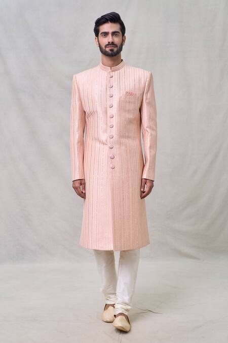 Buy_Arihant Rai Sinha_Peach Silk, Chanderi Sequins, Embroidery Work Sherwani Set _Online_at_Aza_Fashions