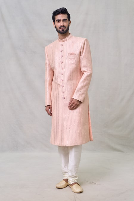 Shop_Arihant Rai Sinha_Peach Silk, Chanderi Sequins, Embroidery Work Sherwani Set _Online_at_Aza_Fashions