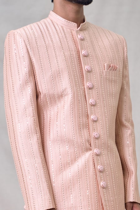 Arihant Rai Sinha_Peach Silk, Chanderi Sequins, Embroidery Work Sherwani Set _at_Aza_Fashions