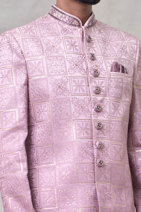 Shop Arihant Rai Sinha Pink Silk, Chiffon Sequins, Embroidery Floral Thread Sherwani Set Online at Aza Fashions Shop_Arihant Rai Sinha_Pink Silk, Chiffon Sequins, Embroidery Floral Thread Sherwani Set _Online_at_Aza_Fashions