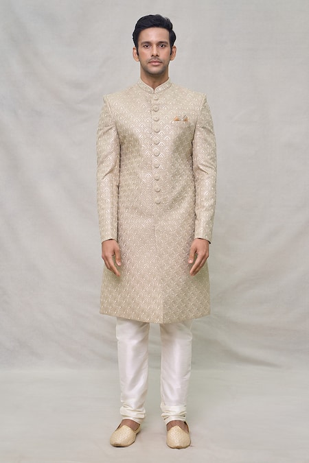 Shop Arihant Rai Sinha Ivory Silk Sequins, Embroidery Scallop Sherwani Set Online at Aza Fashions Shop_Arihant Rai Sinha_Ivory Silk Sequins, Embroidery Scallop Sherwani Set _Online_at_Aza_Fashions