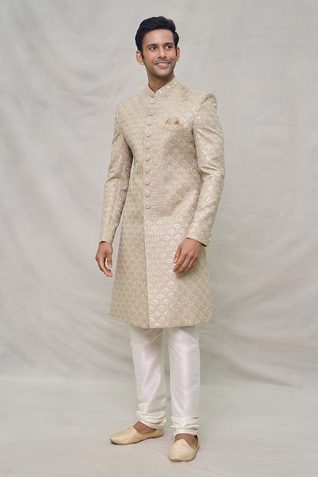 Arihant Rai Sinha Ivory Silk Sequins, Embroidery Scallop Sherwani Set at Aza Fashions Arihant Rai Sinha_Ivory Silk Sequins, Embroidery Scallop Sherwani Set _at_Aza_Fashions