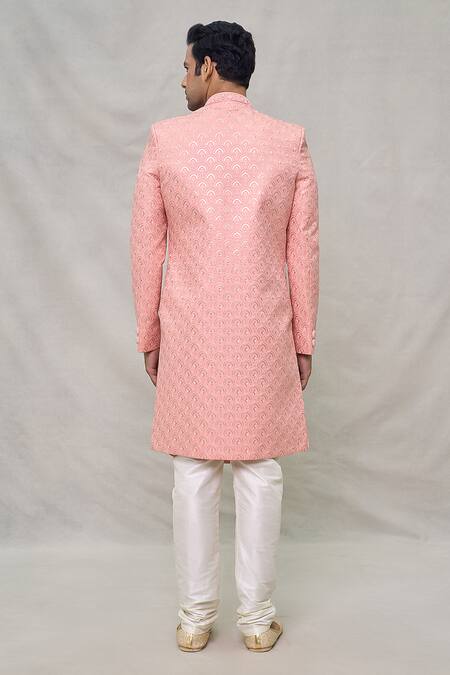 Shop_Arihant Rai Sinha_Peach Silk, Faux Leather, Chanderi Sequins, Scallop Pattern Sherwani Set _at_Aza_Fashions