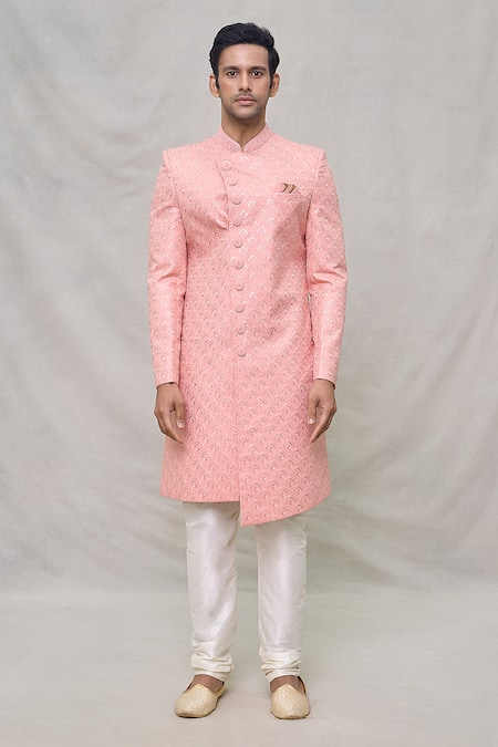 Buy_Arihant Rai Sinha_Peach Silk, Faux Leather, Chanderi Sequins, Scallop Pattern Sherwani Set _Online_at_Aza_Fashions