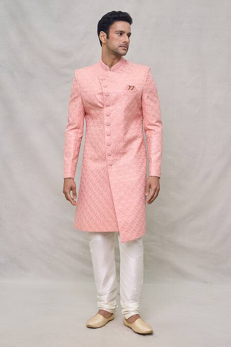 Shop_Arihant Rai Sinha_Peach Silk, Faux Leather, Chanderi Sequins, Scallop Pattern Sherwani Set _Online_at_Aza_Fashions