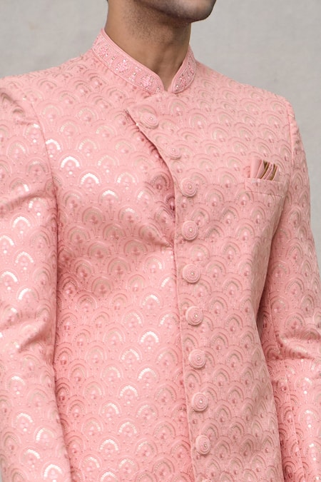 Arihant Rai Sinha_Peach Silk, Faux Leather, Chanderi Sequins, Scallop Pattern Sherwani Set _at_Aza_Fashions