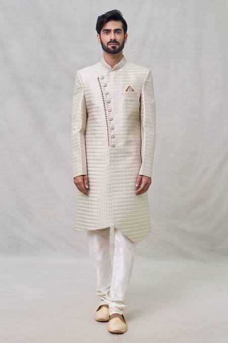 Buy_Arihant Rai Sinha_Beige Silk, Faux Leather, Chanderi Embroidery Thread Sherwani Set _Online_at_Aza_Fashions