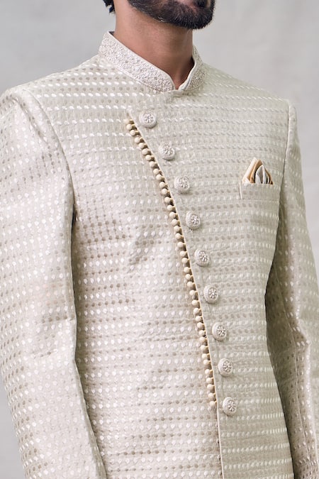 Shop_Arihant Rai Sinha_Beige Silk, Faux Leather, Chanderi Embroidery Thread Sherwani Set _Online_at_Aza_Fashions