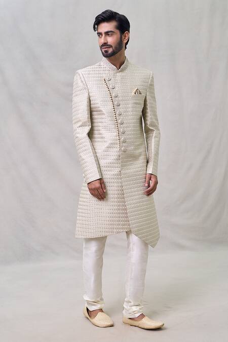 Arihant Rai Sinha_Beige Silk, Faux Leather, Chanderi Embroidery Thread Sherwani Set _at_Aza_Fashions