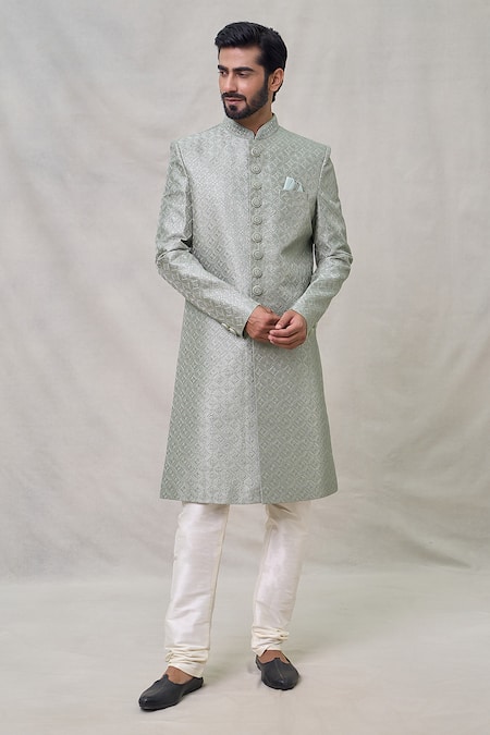 Arihant Rai Sinha Green Sherwani Art Silk Embroidery Thread Diamond Set 