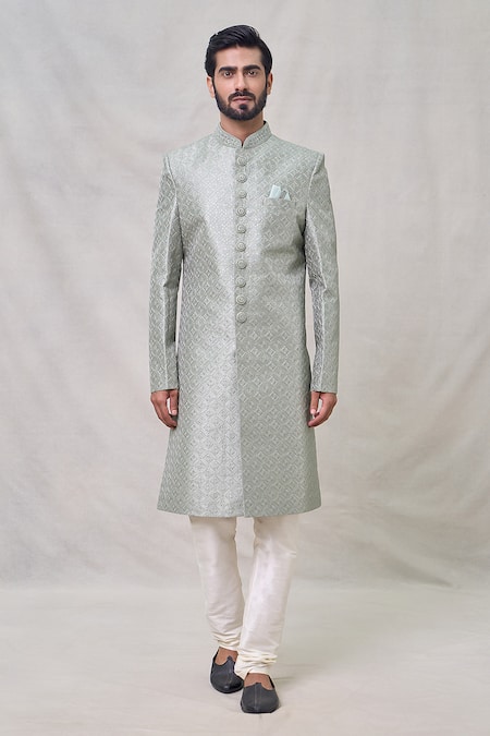 Buy Arihant Rai Sinha Green Silk, Chanderi Sequins, Embroidery Diamond Sherwani Set Online at Aza Fashions Buy_Arihant Rai Sinha_Green Silk, Chanderi Sequins, Embroidery Diamond Sherwani Set _Online_at_Aza_Fashions