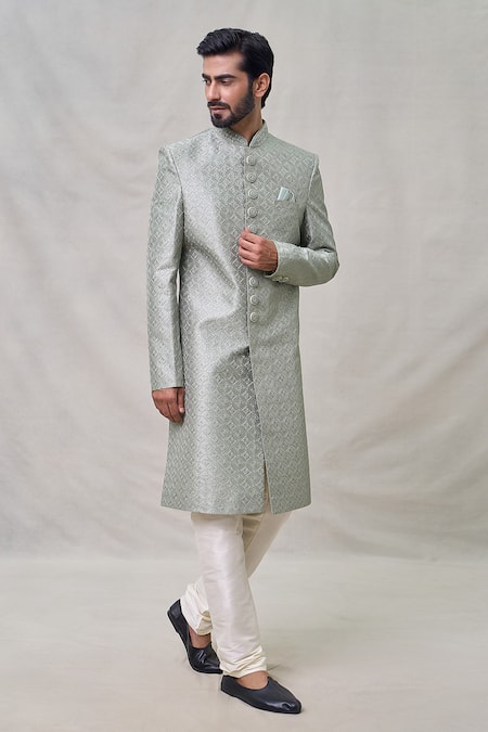 Shop Arihant Rai Sinha Green Silk, Chanderi Sequins, Embroidery Diamond Sherwani Set Online at Aza Fashions Shop_Arihant Rai Sinha_Green Silk, Chanderi Sequins, Embroidery Diamond Sherwani Set _Online_at_Aza_Fashions