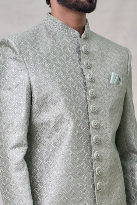 Arihant Rai Sinha Green Silk, Chanderi Sequins, Embroidery Diamond Sherwani Set at Aza Fashions Arihant Rai Sinha_Green Silk, Chanderi Sequins, Embroidery Diamond Sherwani Set _at_Aza_Fashions