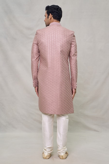 Shop_Arihant Rai Sinha_Pink Silk Sequins, Embroidery Diamond Pattern Sherwani Set _at_Aza_Fashions