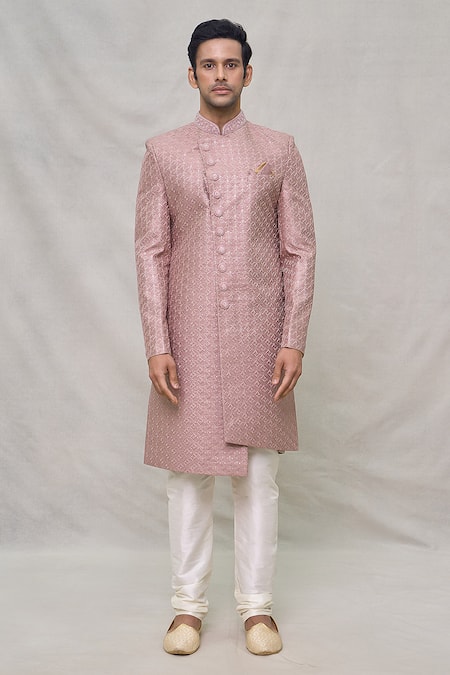 Buy_Arihant Rai Sinha_Pink Silk Sequins, Embroidery Diamond Pattern Sherwani Set _Online_at_Aza_Fashions