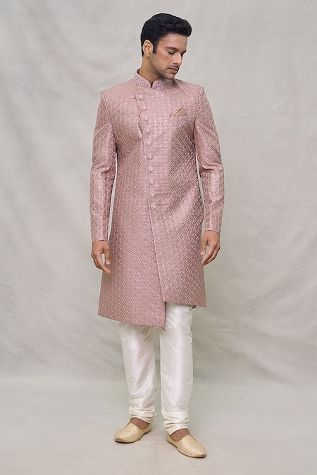 Shop_Arihant Rai Sinha_Pink Silk Sequins, Embroidery Diamond Pattern Sherwani Set _Online_at_Aza_Fashions