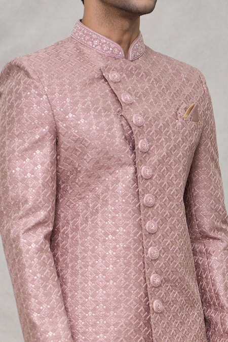 Arihant Rai Sinha_Pink Silk Sequins, Embroidery Diamond Pattern Sherwani Set _at_Aza_Fashions