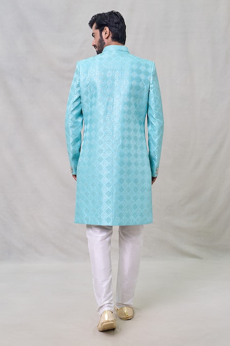 Shop Arihant Rai Sinha Blue Silk Sequins, Embroidery Geometric Pattern Sherwani Set at Aza Fashions Shop_Arihant Rai Sinha_Blue Silk Sequins, Embroidery Geometric Pattern Sherwani Set _at_Aza_Fashions