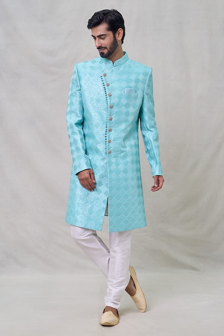 Shop Arihant Rai Sinha Blue Silk Sequins, Embroidery Geometric Pattern Sherwani Set Online at Aza Fashions Shop_Arihant Rai Sinha_Blue Silk Sequins, Embroidery Geometric Pattern Sherwani Set _Online_at_Aza_Fashions