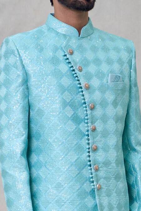 Arihant Rai Sinha Blue Silk Sequins, Embroidery Geometric Pattern Sherwani Set at Aza Fashions Arihant Rai Sinha_Blue Silk Sequins, Embroidery Geometric Pattern Sherwani Set _at_Aza_Fashions