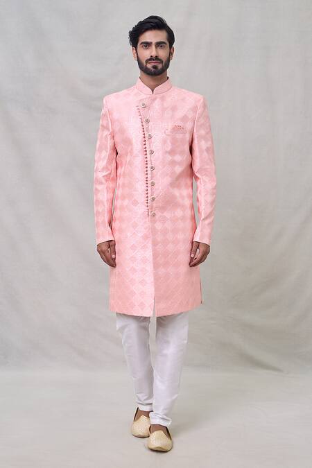 Buy_Arihant Rai Sinha_Peach Silk Embroidery Geometric Pattern Sherwani And Pant Set _Online_at_Aza_Fashions