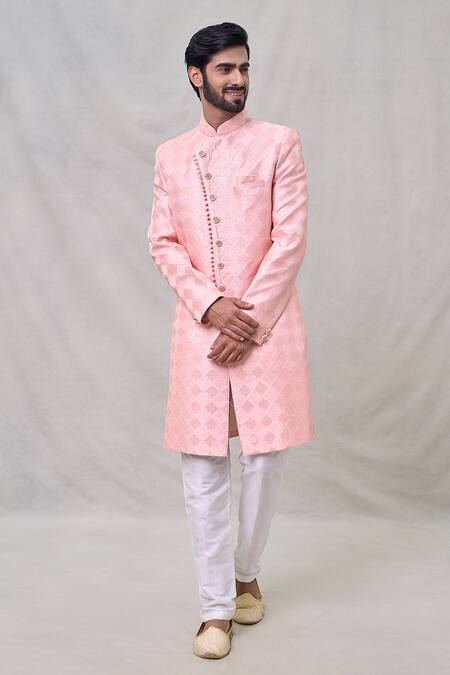 Shop_Arihant Rai Sinha_Peach Silk Embroidery Geometric Pattern Sherwani And Pant Set _Online_at_Aza_Fashions