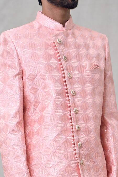 Arihant Rai Sinha_Peach Silk Embroidery Geometric Pattern Sherwani And Pant Set _at_Aza_Fashions