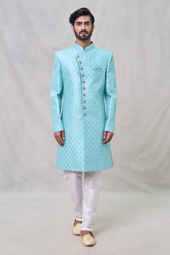 Buy Arihant Rai Sinha Blue Silk, Faux Leather Sequins, Embroidery Square Pattern Sherwani Set Online at Aza Fashions Buy_Arihant Rai Sinha_Blue Silk, Faux Leather Sequins, Embroidery Square Pattern Sherwani Set _Online_at_Aza_Fashions