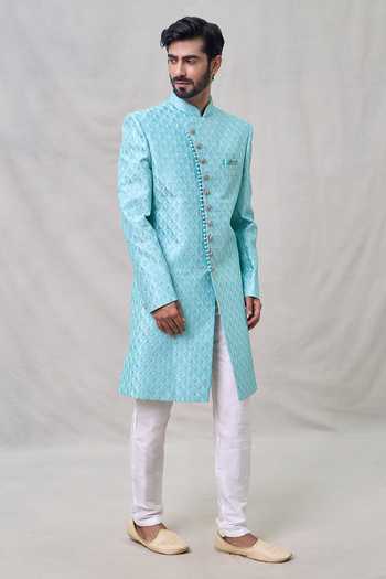 Shop Arihant Rai Sinha Blue Silk, Faux Leather Sequins, Embroidery Square Pattern Sherwani Set Online at Aza Fashions Shop_Arihant Rai Sinha_Blue Silk, Faux Leather Sequins, Embroidery Square Pattern Sherwani Set _Online_at_Aza_Fashions