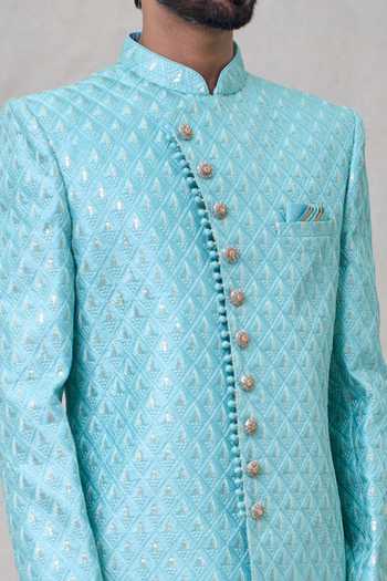 Arihant Rai Sinha Blue Silk, Faux Leather Sequins, Embroidery Square Pattern Sherwani Set at Aza Fashions Arihant Rai Sinha_Blue Silk, Faux Leather Sequins, Embroidery Square Pattern Sherwani Set _at_Aza_Fashions