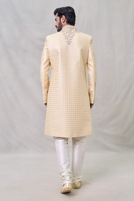 Shop Arihant Rai Sinha Beige Silk Cut Work, Sequins, Embroidery Floral Vine Sherwani Set at Aza Fashions Shop_Arihant Rai Sinha_Beige Silk Cut Work, Sequins, Embroidery Floral Vine Sherwani Set _at_Aza_Fashions