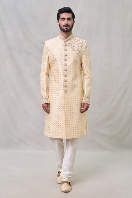 Buy Arihant Rai Sinha Beige Silk Cut Work, Sequins, Embroidery Floral Vine Sherwani Set Online at Aza Fashions Buy_Arihant Rai Sinha_Beige Silk Cut Work, Sequins, Embroidery Floral Vine Sherwani Set _Online_at_Aza_Fashions