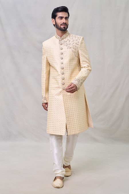 Shop Arihant Rai Sinha Beige Silk Cut Work, Sequins, Embroidery Floral Vine Sherwani Set Online at Aza Fashions Shop_Arihant Rai Sinha_Beige Silk Cut Work, Sequins, Embroidery Floral Vine Sherwani Set _Online_at_Aza_Fashions