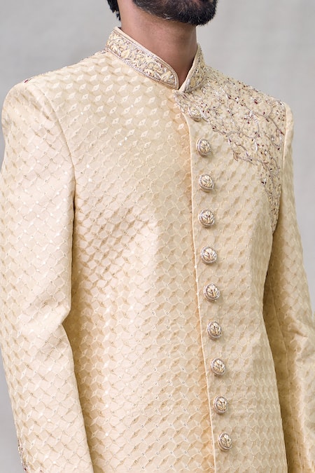 Arihant Rai Sinha Beige Silk Cut Work, Sequins, Embroidery Floral Vine Sherwani Set at Aza Fashions Arihant Rai Sinha_Beige Silk Cut Work, Sequins, Embroidery Floral Vine Sherwani Set _at_Aza_Fashions