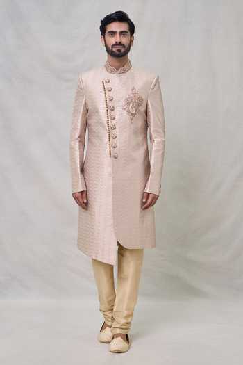 Arihant Rai Sinha Beige Silk, Chanderi Zari Paisley Pattern Sherwani Set Online at Aza Fashions Arihant Rai Sinha_Beige Silk, Chanderi Zari Paisley Pattern Sherwani Set _Online_at_Aza_Fashions