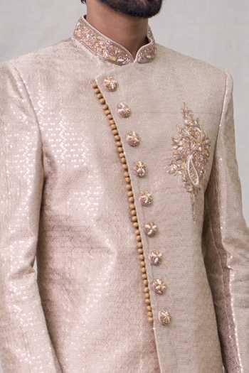 Shop Arihant Rai Sinha Beige Silk, Chanderi Zari Paisley Pattern Sherwani Set Online at Aza Fashions Shop_Arihant Rai Sinha_Beige Silk, Chanderi Zari Paisley Pattern Sherwani Set _Online_at_Aza_Fashions