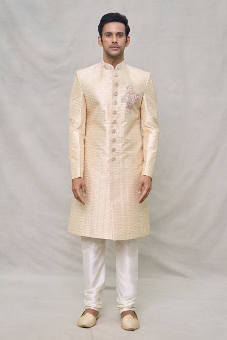 Arihant Rai Sinha_Beige Silk, Cotton, Chanderi Sequins, Zari Chevron Pattern Sherwani Set _Online_at_Aza_Fashions