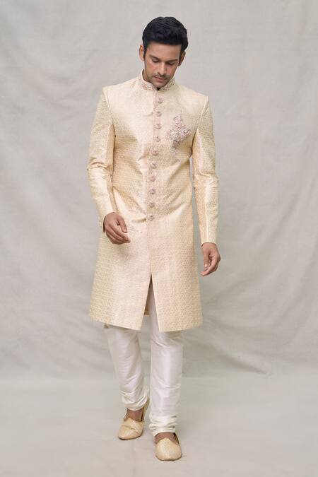 Buy_Arihant Rai Sinha_Beige Silk, Cotton, Chanderi Sequins, Zari Chevron Pattern Sherwani Set _Online_at_Aza_Fashions