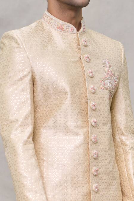 Shop_Arihant Rai Sinha_Beige Silk, Cotton, Chanderi Sequins, Zari Chevron Pattern Sherwani Set _Online_at_Aza_Fashions