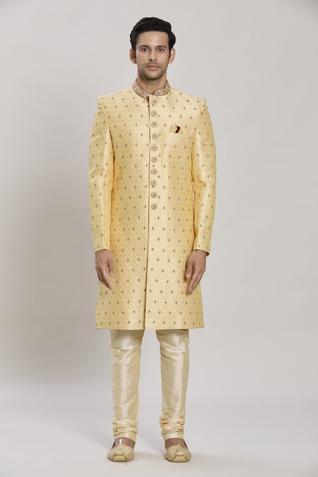 Arihant Rai Sinha_Gold Silk, Faux Leather, Chiffon Sequins, Embroidery Thread Work Sherwani Set _Online_at_Aza_Fashions