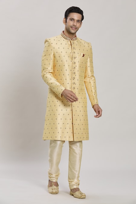 Buy_Arihant Rai Sinha_Gold Silk, Faux Leather, Chiffon Sequins, Embroidery Thread Work Sherwani Set _Online_at_Aza_Fashions