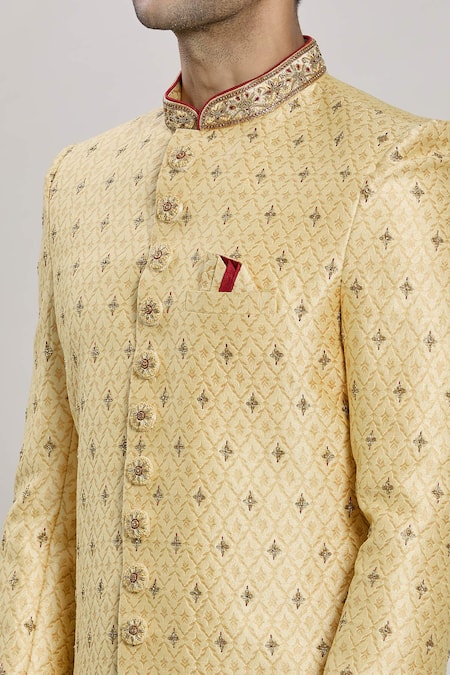 Shop_Arihant Rai Sinha_Gold Silk, Faux Leather, Chiffon Sequins, Embroidery Thread Work Sherwani Set _Online_at_Aza_Fashions