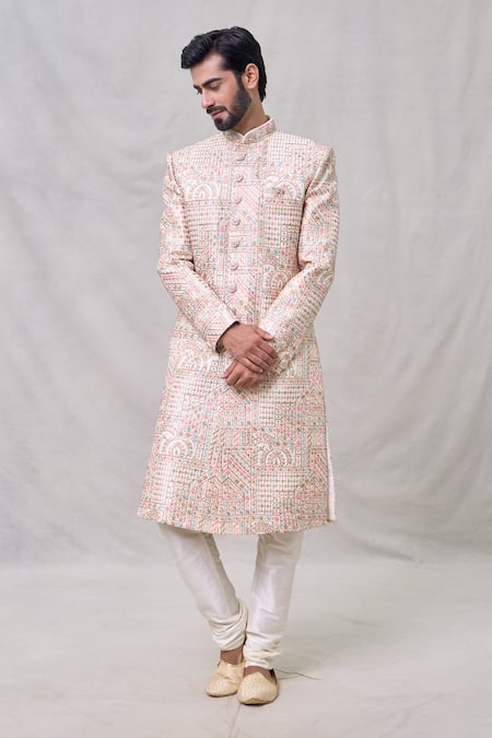 Arihant Rai Sinha Cream Sherwani Art Silk Embroidery Thread Abstract Set 