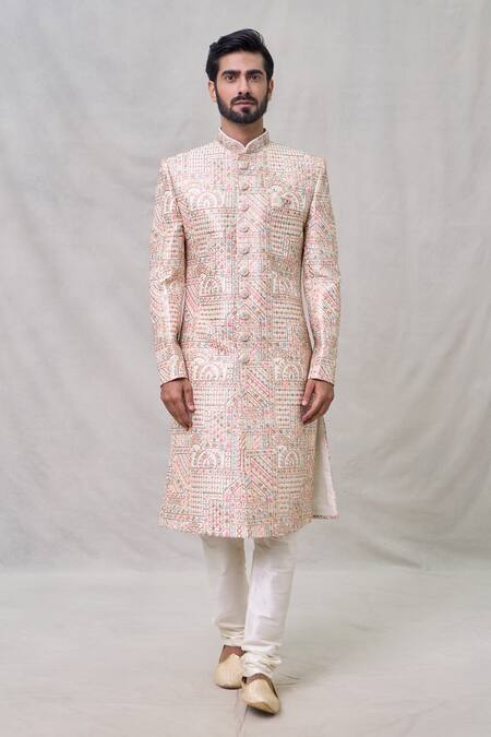 Arihant Rai Sinha_Cream Silk, Cotton, Chanderi Sequins, Embroidery Abstract Sherwani Set _Online_at_Aza_Fashions