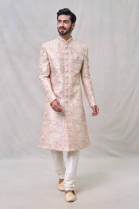 Buy_Arihant Rai Sinha_Cream Silk, Cotton, Chanderi Sequins, Embroidery Abstract Sherwani Set _Online_at_Aza_Fashions