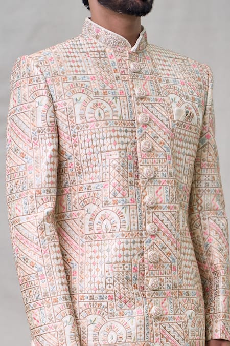 Shop_Arihant Rai Sinha_Cream Silk, Cotton, Chanderi Sequins, Embroidery Abstract Sherwani Set _Online_at_Aza_Fashions