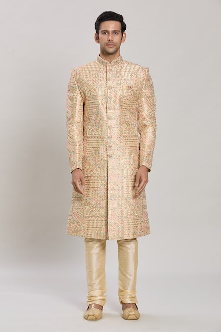 Buy_Arihant Rai Sinha_Gold Silk, Faux Leather, Chanderi Sequins, Abstract Pattern Sherwani Set _Online_at_Aza_Fashions