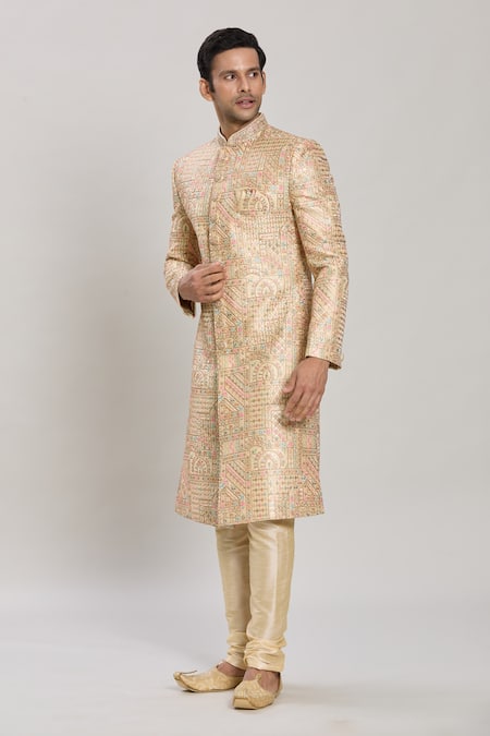 Shop_Arihant Rai Sinha_Gold Silk, Faux Leather, Chanderi Sequins, Abstract Pattern Sherwani Set _Online_at_Aza_Fashions