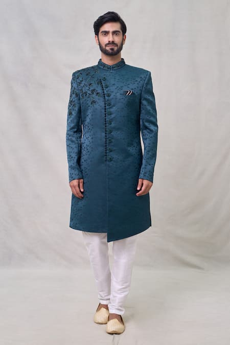 Arihant Rai Sinha_Green Silk Embroidery Flower Sherwani Set_Online_at_Aza_Fashions