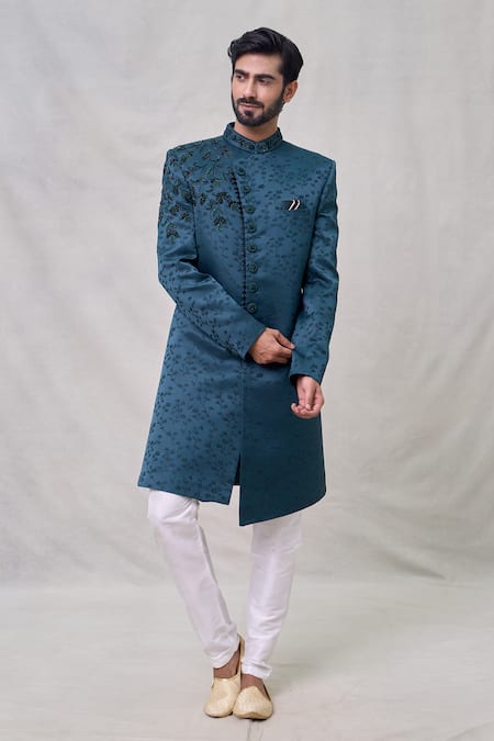 Buy_Arihant Rai Sinha_Green Silk Embroidery Flower Sherwani Set_Online_at_Aza_Fashions